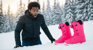 Black man in the snow shocked at snowboard boots